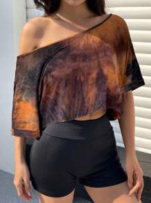 SHEIN EZwear 女士扎染超大不对称下摆短款 T 恤