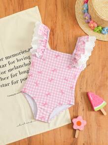 Baby Girl Random Plaid Bow Print Ruffled One-Piece Swimsuit - Multicolor - View 2