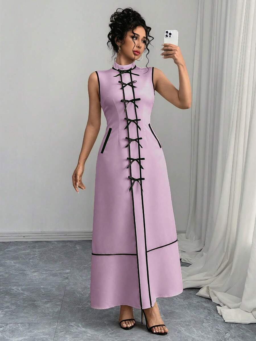 SHEIN Unity Round Neck Sleeveless Bow Decor Dress For Women - Mauve Purple - View 1