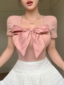 DAZY Áo thun ngắn tay ôm dáng cổ vuông, đính nơ, gợi cảm dành cho nữ, thích hợp cho mùa hè, ngày Valentine. - Hồng - Xem 5