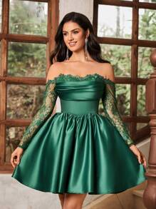 Lovelzi Elegant And Luxurious Green Off-Shoulder Mesh Long Sleeve Lace Patchwork Satin Peplum Dress, Wedding Guest Dress, Suitable For Weddings, Parties, Dates, Balls And Other Special Occasions, Party Dress, Prom Dress - Dark Green - View 6