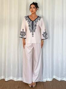 Chiquease Women's Elegant Printed 3/4 Sleeve Top And Wide Leg Pants Two Pieces Set, Vacation Suitable