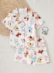 2pcs/Set Tween Girl' Casual Dog Doodle Button-Front Short Sleeve Top And Shorts Loungewear Set Pj Set For Kids Pajama Girl Set