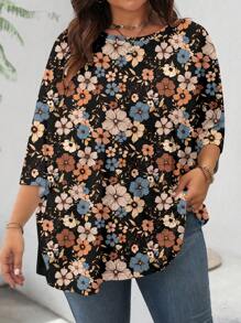 SHEIN LUNE Maglietta casual oversize da donna con stampa floreale vintage, scollo tondo, manica 3/4, adatta per primavera ed estate, disponibile in taglie comode