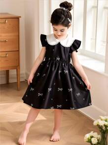 Girl's Bow Print Peter Pan Collar Cap Sleeve A-Line Dress