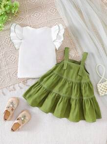 SHEIN Vintaside Kids 2 件套女婴休闲盖袖上衣和吊带裙套装，适合夏季、度假 - 綠色 - 查看 2