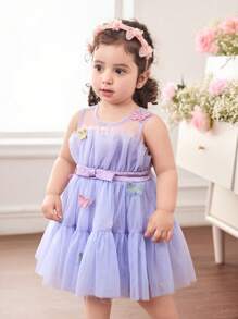 Cute Elegant Purple Butterfly Mesh Overaly Summer Dress For Baby Girl - Purple - View 4