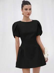 Aveloria Rosie Italian Style Ladies Short Sleeve Round Neck Tulip Cutout Hem Princess Short Dress Elegant FashionableOld Money Style For Summer - Black - View 3