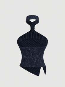 SHEIN MOD Women Striped Collar Split Back Tight Halter Neck Top, Fashionable Summer,Summer Outfits For Women,Western,Vacation,Old Money Style,Graduation,Business Casual Woman,Office Outfits For Women,Work Top,Rave Top - Navy Blue - View 2