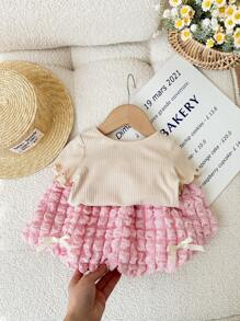 SHEIN 女婴可爱针织杏色短袖上衣和松紧腰泡泡下摆裙子两件套，夏季 - 彩色 - 查看 6