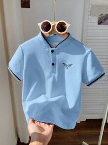 1 Chiếc Áo Polo Ngắn Tay Dệt Kim Họa Tiết Họa Có Cổ Trang Bị Thường Ngày Cho Bé Trai Trẻ, Thích Hợp Mặc Hàng Ngày, Đi Học, Đi Chơi, Thể Thao, Mùa Xuân / Mùa Hè - Màu xanh bụi bặm - Xem 4