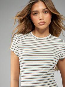 MISSGUIDED 条纹Midaxi T恤连衣裙罗纹泽西长款合身夏季春季休闲基本款Bodycon Day时尚轻盈拉伸 - 彩色 - 查看 3