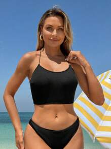 Swim SXY Top de bikini de plage noué dans le dos de couleur unie pour femme - Noir - Voir 3