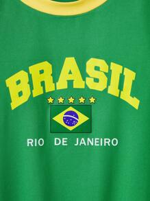 Tween Boys Contrast Color Brazilian Print Round Neck Short Sleeve T-Shirt - Green - View 5