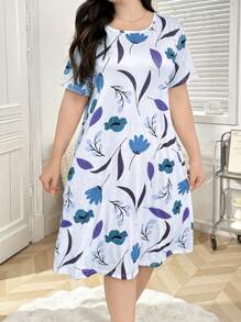 Plus Size Floral Print Round Neck Short Sleeve Nightgown, Moo Moo Sleep Dress - Blue - View 6