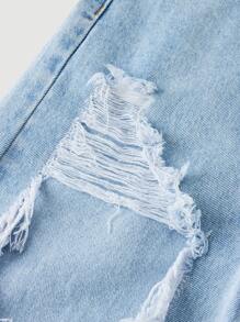 SHEIN Girlism 青少年女孩 Y2K 夏季浅色水洗镂空破洞宽松直筒牛仔裤，女孩夏季海滩波西米亚风度假休闲狂欢音乐会 - 淺色水洗藍 - 查看 4