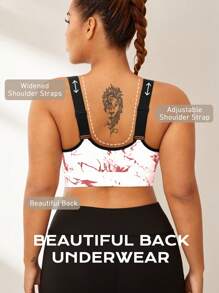 Rhythm Era Plus Size Ink Print Sports Bra With Fixed Cup, Adjustable Shoulder Straps, High Support