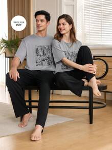 CoupledUp 个性化创意印花宽松圆领短袖T恤和直筒裤男士休闲睡衣套装