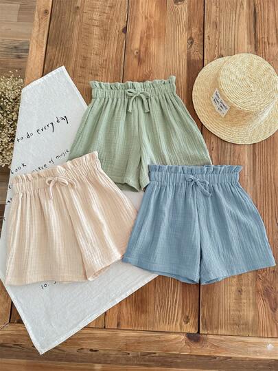 SHEIN LMoss Kids LMoss 年轻女孩 3 件套休闲夏季套装：编织柔软双层纱布荷叶边短裤，松紧腰，纯色，百搭飘逸
