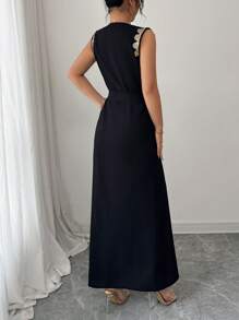 Rafferiza Vestido largo elegante de mujer sin mangas con escote en V y ajuste a la cintura