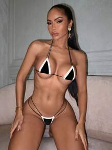 Swim SXY 游泳夏季海滩度假服装女士黑白性感比基尼套装 - 黑與白 - 查看 3