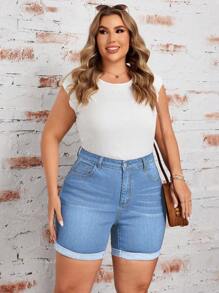 EMERY ROSE Plus Size Women's Fashion Pockets Cuffed Casual Denim Shorts - Light Wash - View 3