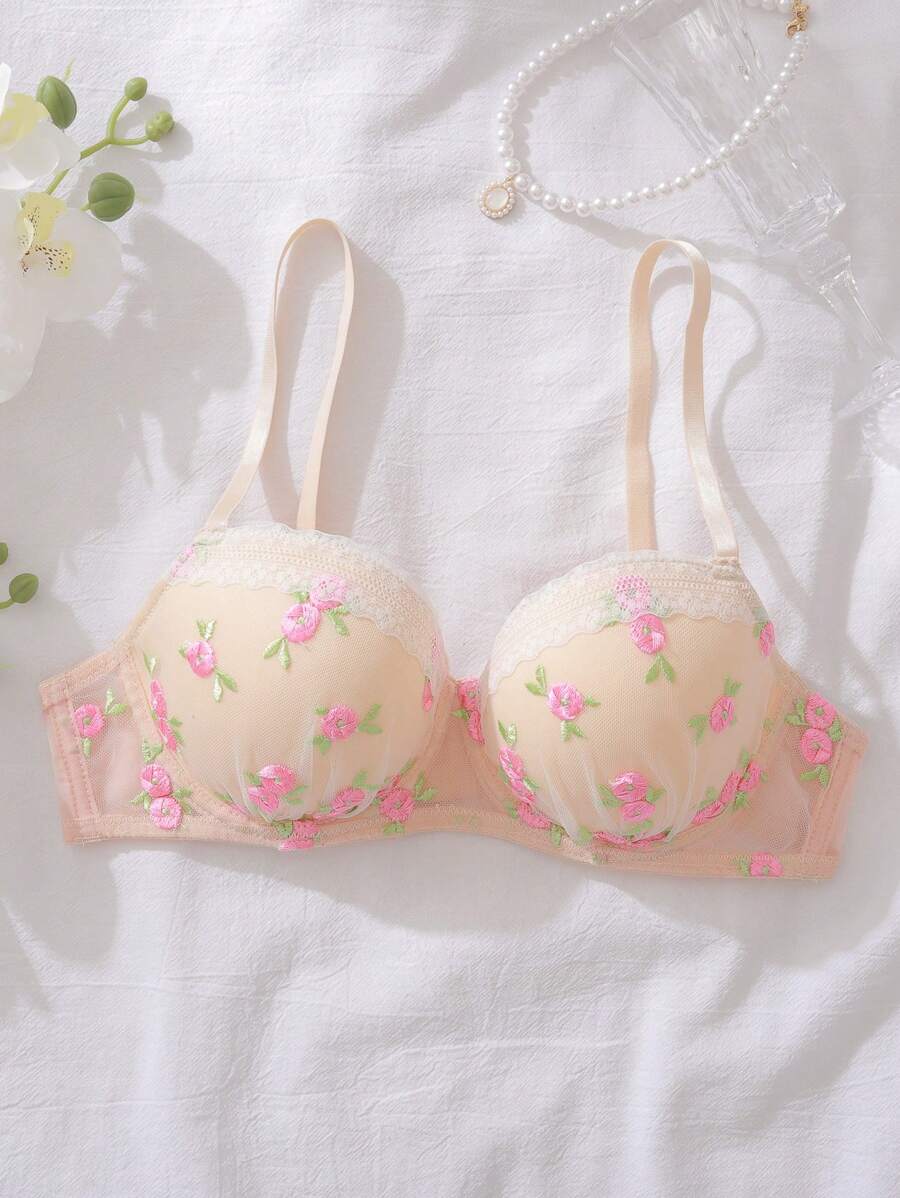 女士优雅花卉刺绣透明内衣文胸 - 粉色 - 查看 1