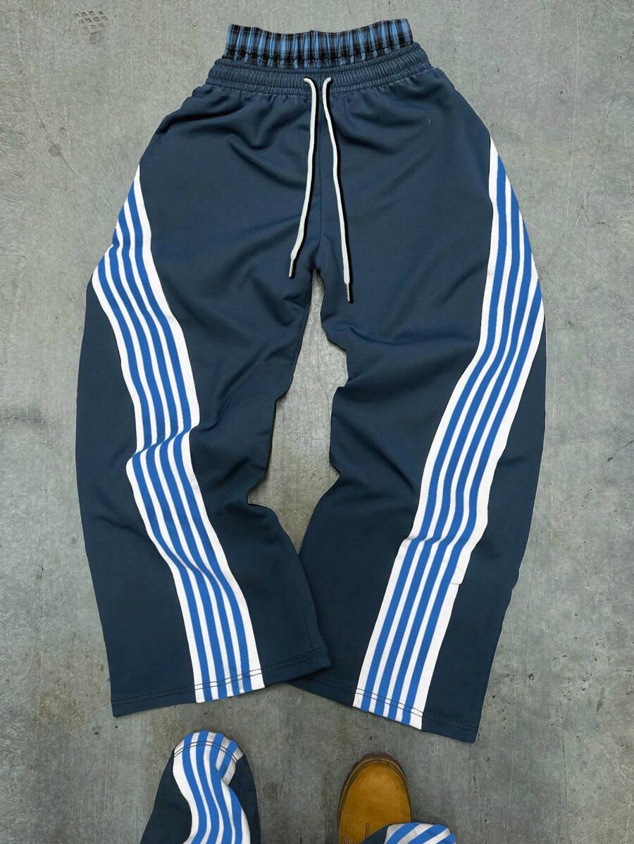 男士撞色条纹格纹拼接抽绳腰带运动裤，适合狂欢