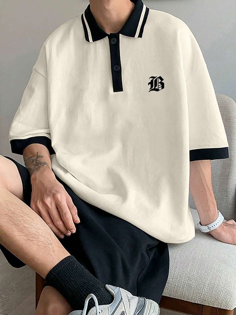 Manfinity Hypemode Men's Casual Color Blocking Letter Print Polo Shirt, Summer - Apricot - View 1