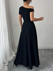 Chiquease Women's Patchwork Oblique Shoulder Waisted Dress - Black and White - View 2