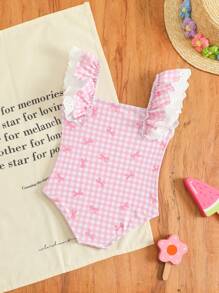 Baby Girl Random Plaid Bow Print Ruffled One-Piece Swimsuit - Multicolor - View 3