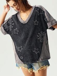 Bohemela 夏季休闲牛仔风格撞色V领短袖宽松水洗女式T恤 - 黑色 - 查看 1