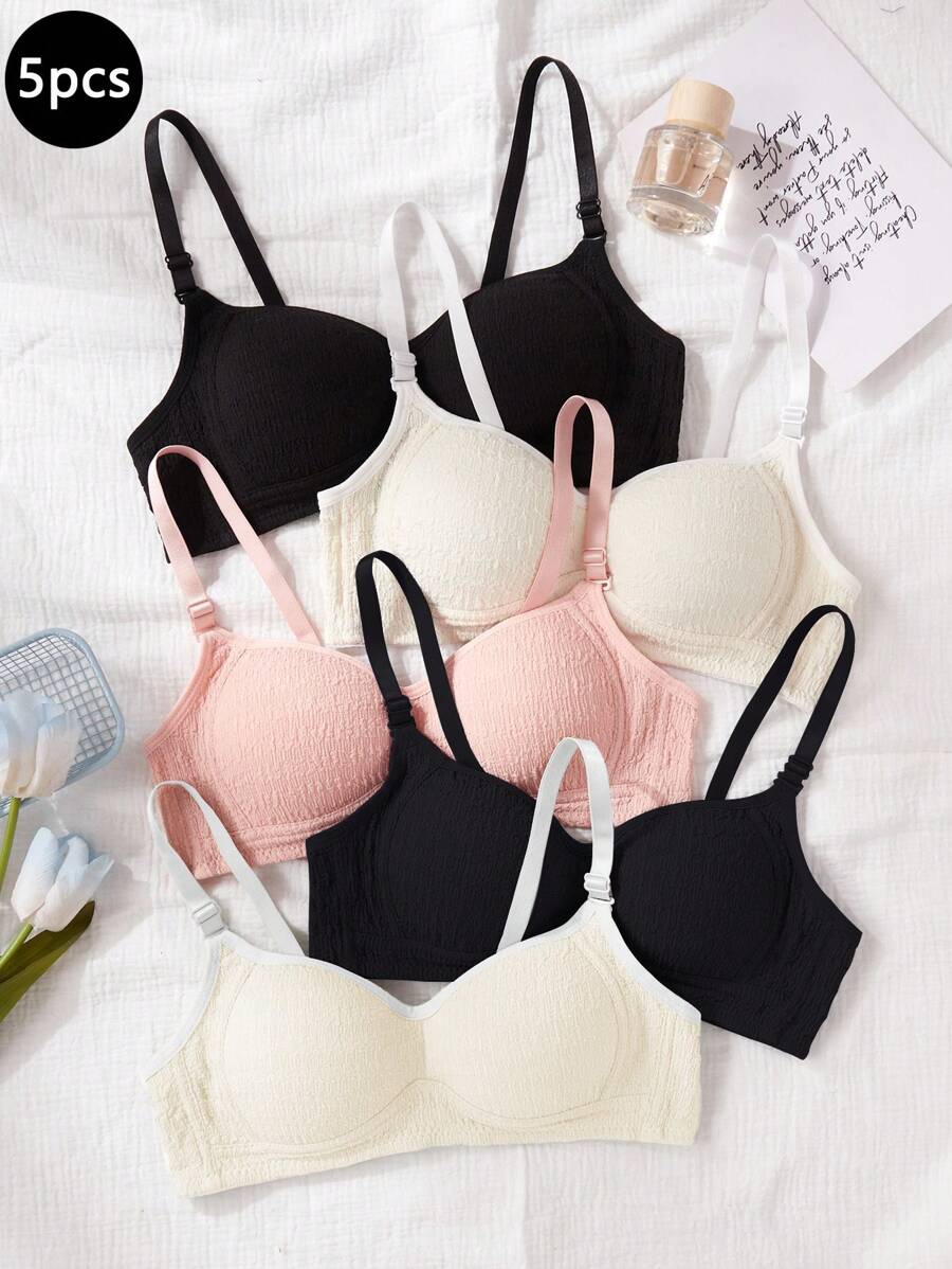 SHEIN Bộ 5 chiếc áo ngực mỏng không gọng cho bé gái tuổi teen, bộ áo ngực nâng đỡ ngực thoải mái - Nhiều màu - Xem 1
