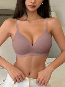 DAZY 无缝针织无钢圈轻提加厚罩杯女士文胸，返校季女士内衣 - 粉色 - 查看 4