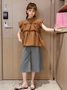 SHEIN 2pcs/Set Tween Girl Cap Sleeve Shirt & Plaid Pants Set,
