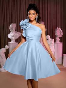 Lovelzi 女士优雅浪漫缎面单肩褶皱夸张 3D 花卉高低礼服，适合舞会、庆典和正式派对、派对礼服、婚礼宾客礼服、舞会礼服 - 淺藍色 - 查看 6