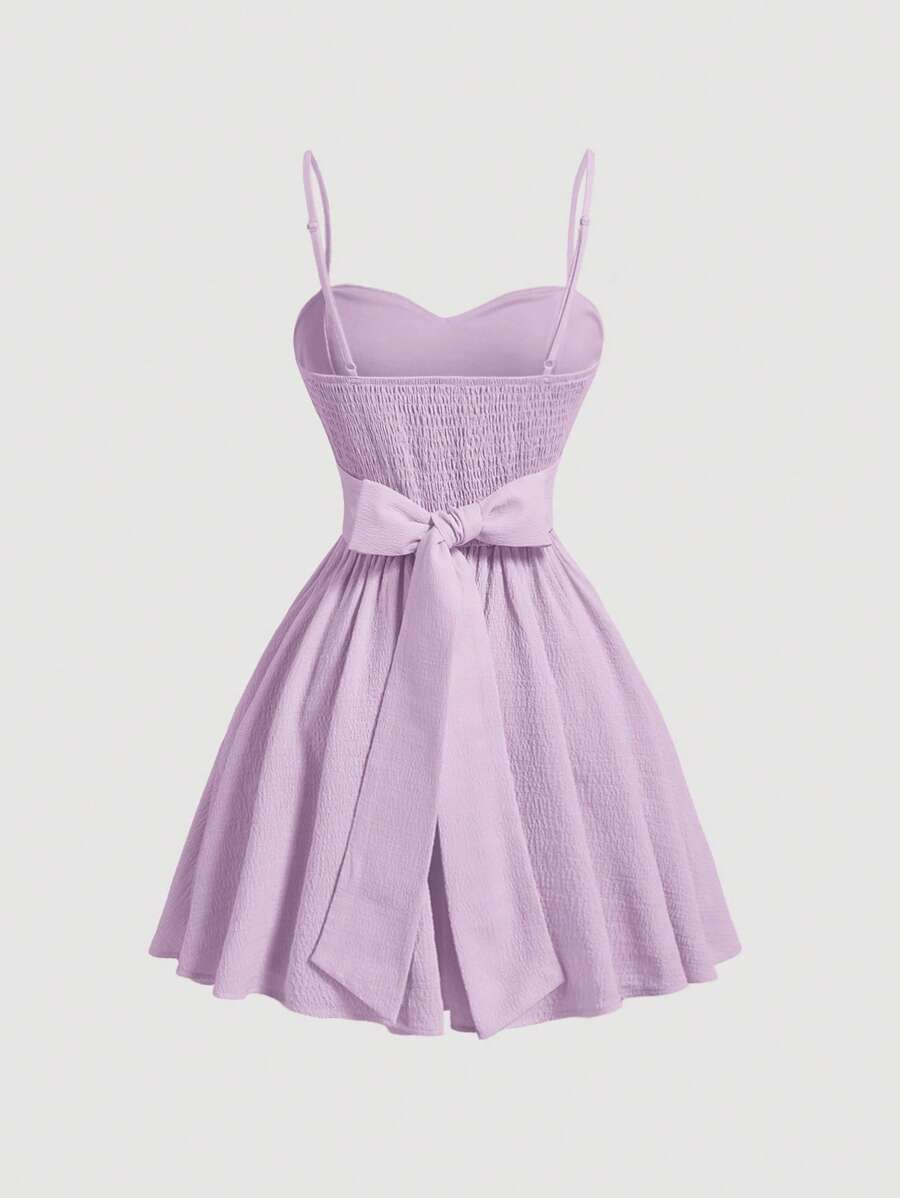 SHEIN MOD Vestido de tirantes finos con lazo en la espalda y color amarillo, romántico para el verano - Lila Púrpura - Ver 1