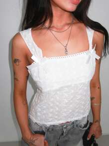 DAZY Women's Lace Camisole With Sheer Lace Splice Detail Babydoll Top Y2k - White - View 2