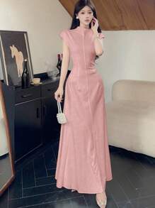 Modelyn 女士不对称高领喇叭下摆优雅连衣裙 - 粉色 - 查看 4