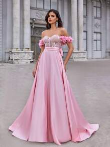 Glamrae Spring And Summer, Elegant, Romantic, Dignified, Fashionable, Lotus Pink Color, Satin, Sequin Stitching, Strapless Three-Dimensional Flower Decoration, Detachable Waist Ribbon, Bow, Back Strap, Train, Large A-Line Dress, Suitable For Birthday Parties, Wedding Guests, Vacation, Holiday Dances, Back To School Season, Graduation Season, Formal Dinner Dresses(Heavy Model), Party Dress, Gown, For Evening,Graduation,Teacher Outfits For Women,Teacher Dress - Pink - View 7