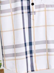 SHEIN Tween Boy Casual College Plaid Stand Collar Short Sleeve Half-Placket Shirt, Suitable For Commuting, School, Everyday Casual Wear, Sports, Spring & Summer - White - View 5