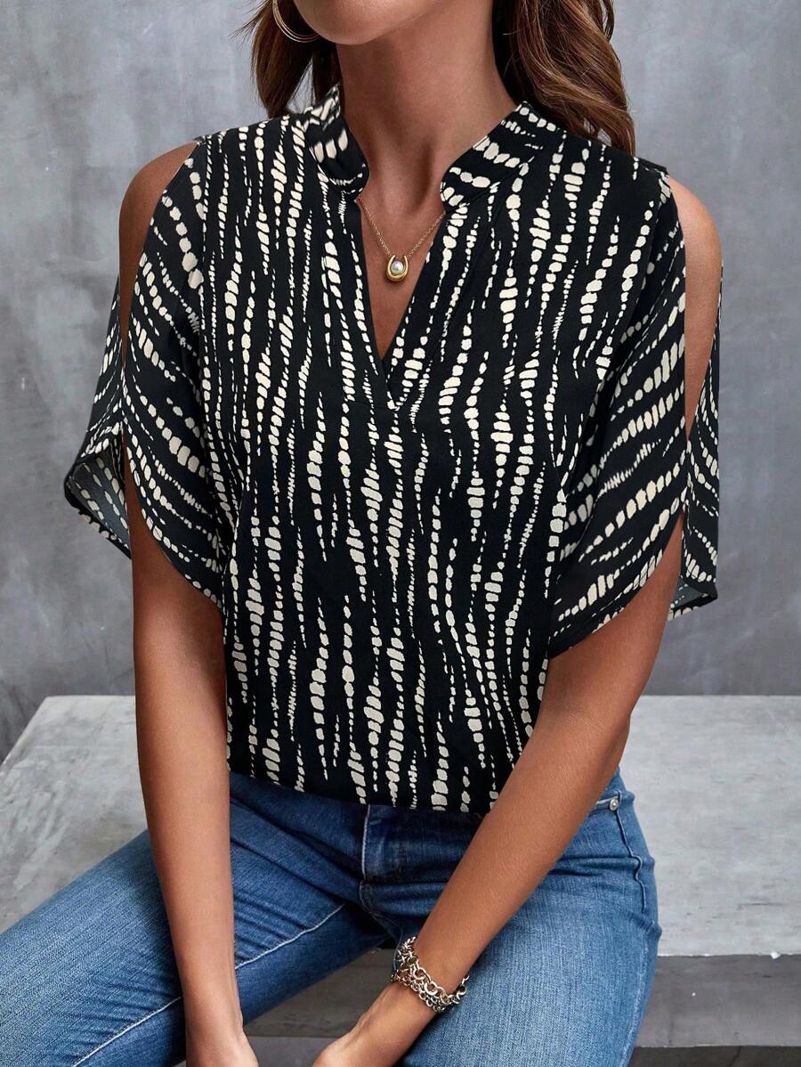 SHEIN LUNE Women Casual Full Print Off Shoulder Notch Neck Blouse, Suitable For Commuting,Casual - Black - View 1