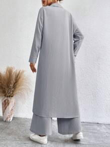 SHEIN LUNE 2 件套女士休闲套装 - 纯色长袖单排扣衬衫和裤子 - 灰色 - 查看 2