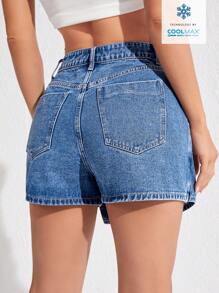 Flexra Solid Color Cross Wrap Front Button Pocket Casual Denim Shorts - Blue - View 2