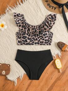 Girls' Leopard Print Swimsuit Set, Ruffled Trim, Suitable For Beach Vacation