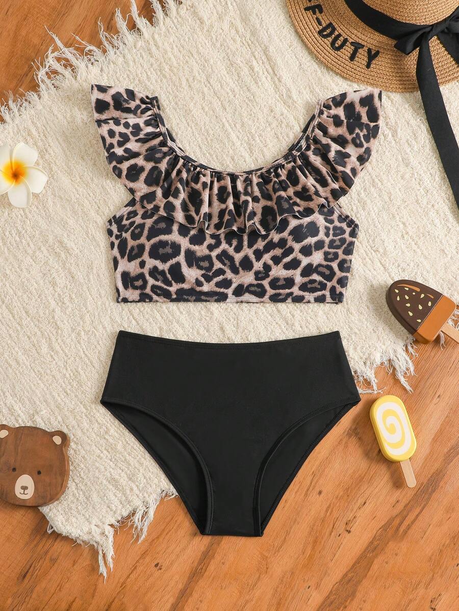 Girls' Leopard Print Swimsuit Set, Ruffled Trim, Suitable For Beach Vacation