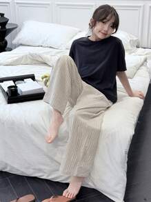 DAZY 2pcs Tween Girl Fall Outfit Set - Girl's Round Neck Short Sleeve Knit T-Shirt + Woven Striped Pants, Spring/Summer - Navy Blue - View 5