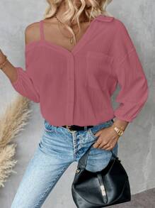 SHEIN Essnce 女装春秋纯色不对称领落肩宽松休闲衬衫春夏新款时尚街头风格休闲不对称肩衬衫 - 藕粉色 - 查看 3