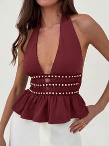 Aloruh Regata Feminina Sexy com Decote em V Profundo, Bainha com Babado e Tachas - Vinho - Visão 8