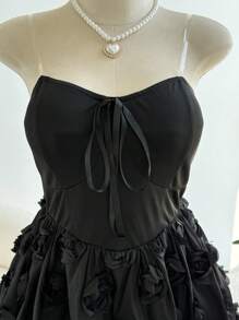 SHEIN Clasi 大码露肩 3D 花卉纹理荷叶边玫瑰蝴蝶结公主裙，性感派对礼服